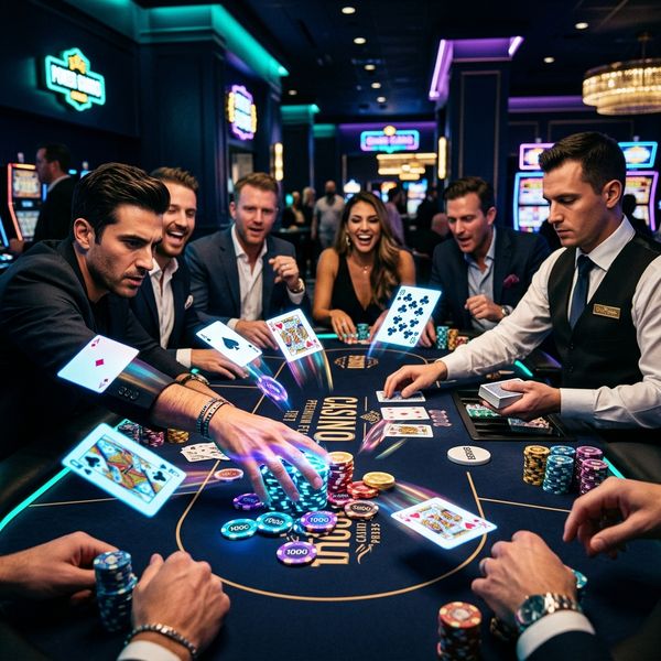 Exciting casino action with glowing chips and cards, dark premium atmosphere