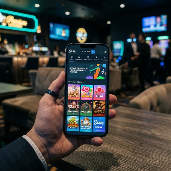 Hand holding phone showing Stake mobile casino with registration screen, dark theme