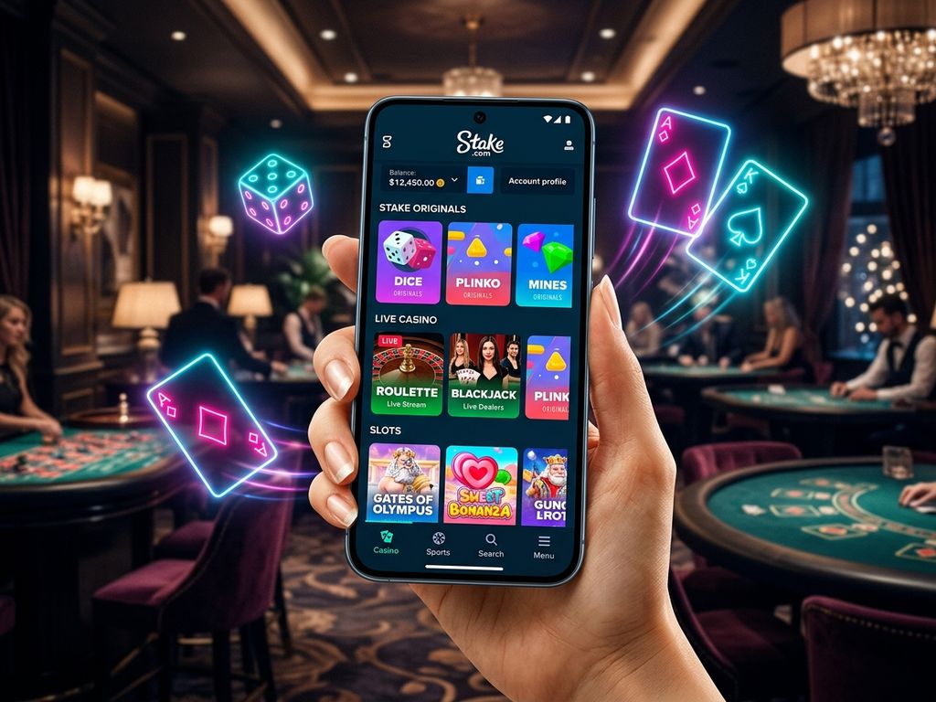 Stake mobile casino app on smartphone with glowing dice and cards, dark premium theme