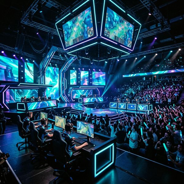 Esports arena with gaming action and competitive atmosphere