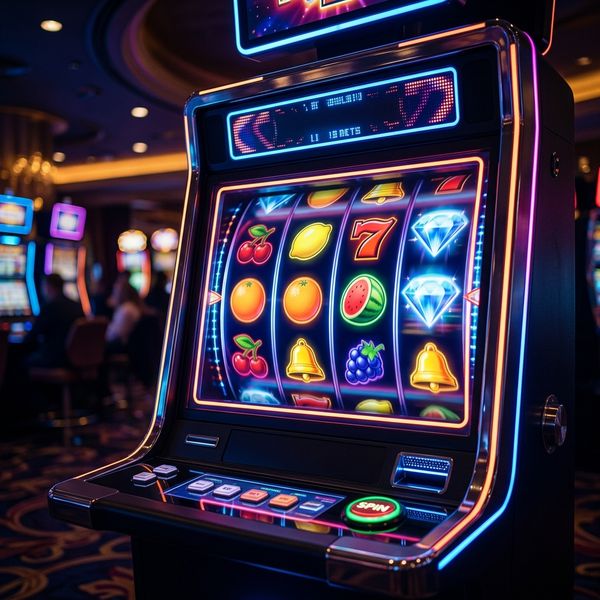 Colorful slot machine reels spinning with vibrant casino glow