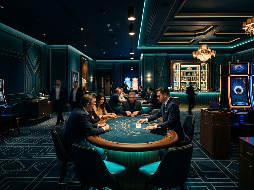Luxurious dark casino scene with glowing neon accents and premium gaming atmosphere