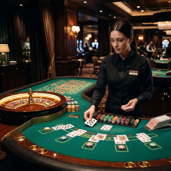Professional live dealer at casino table with cards and roulette wheel